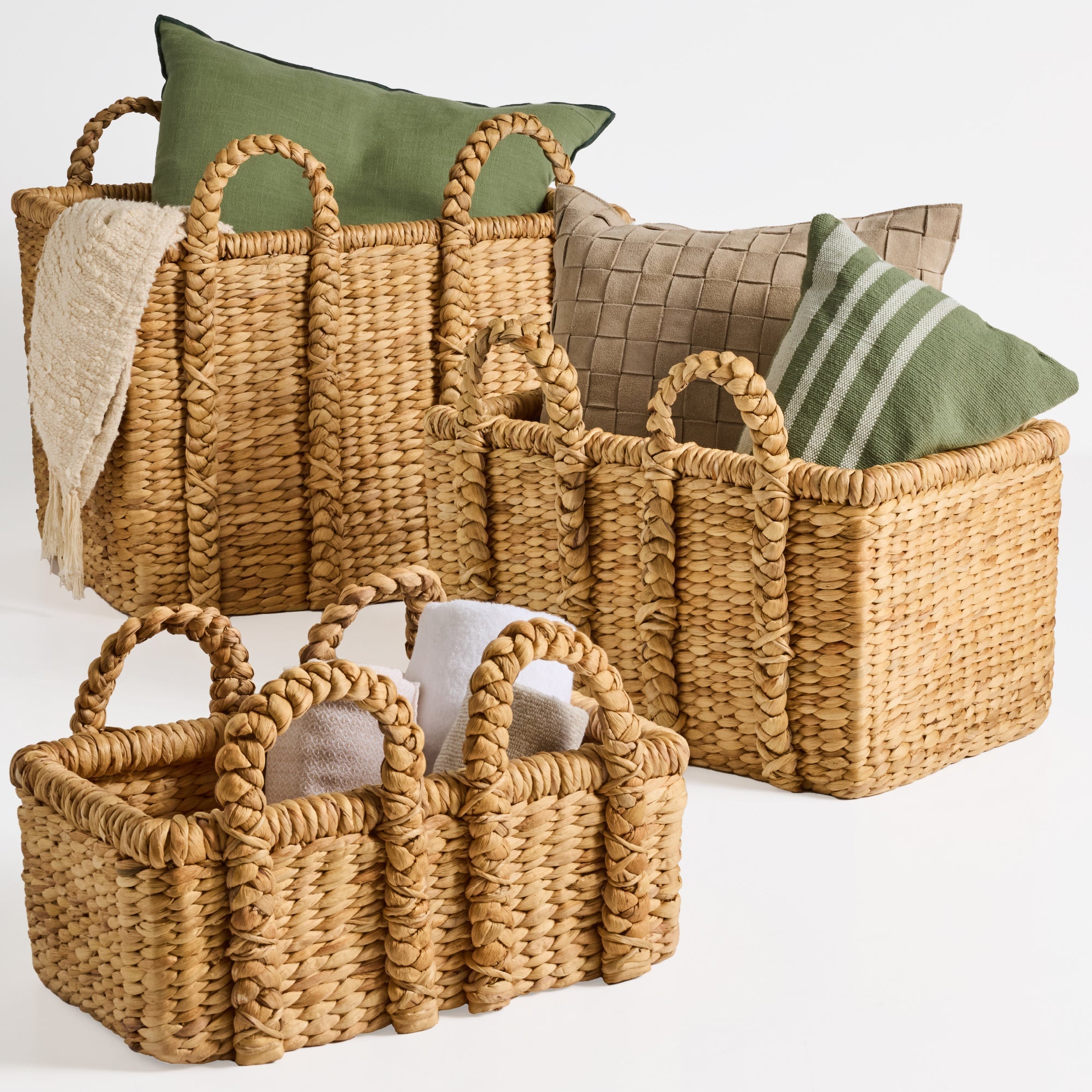 3Pc Shelf Baskets Small Large & XL Chunky Woven Baskets w/ Braided Handles
