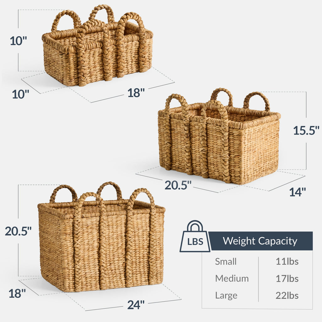 3Pc Shelf Baskets Small Large & XL Chunky Woven Baskets w/ Braided Handles