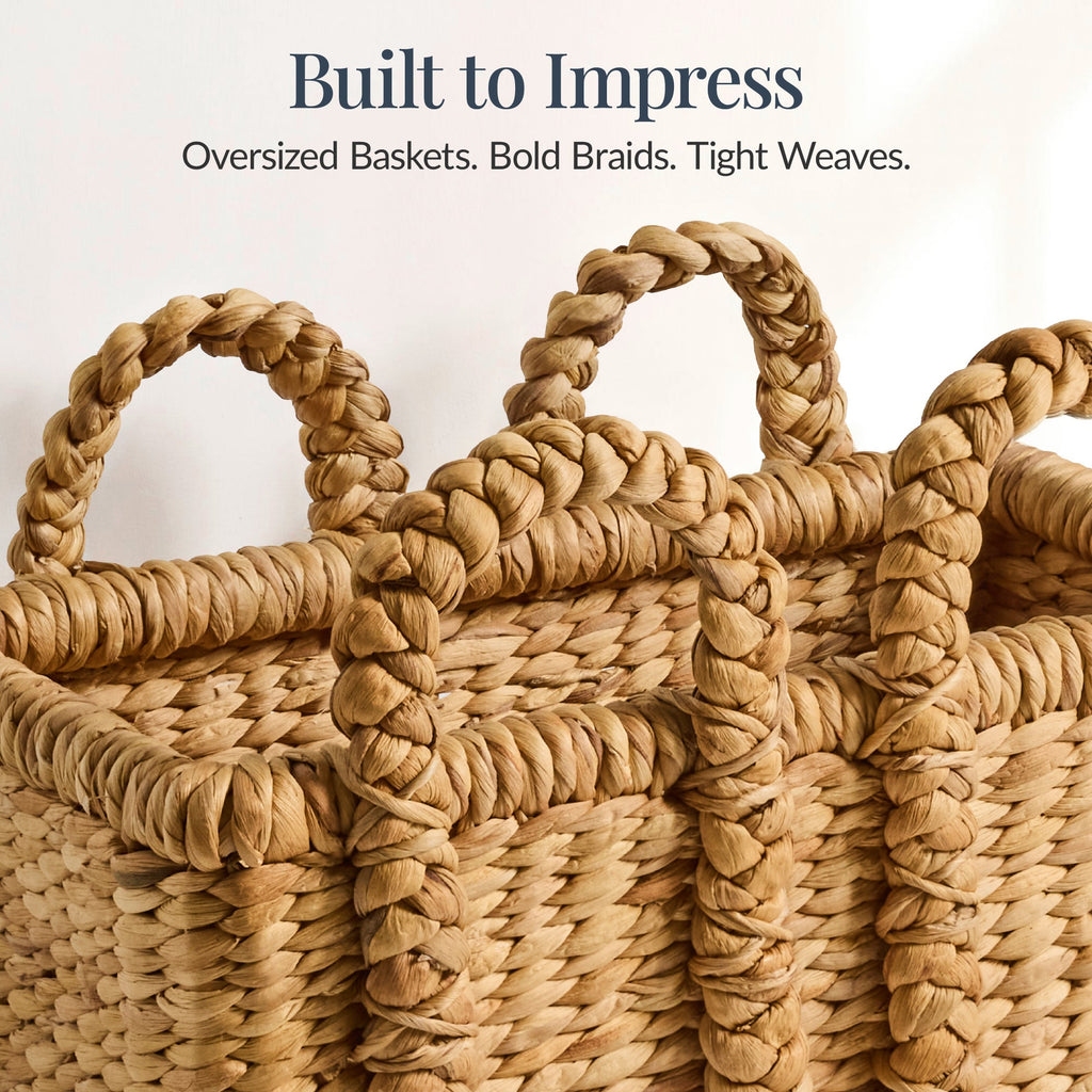 3Pc Shelf Baskets Small Large & XL Chunky Woven Baskets w/ Braided Handles