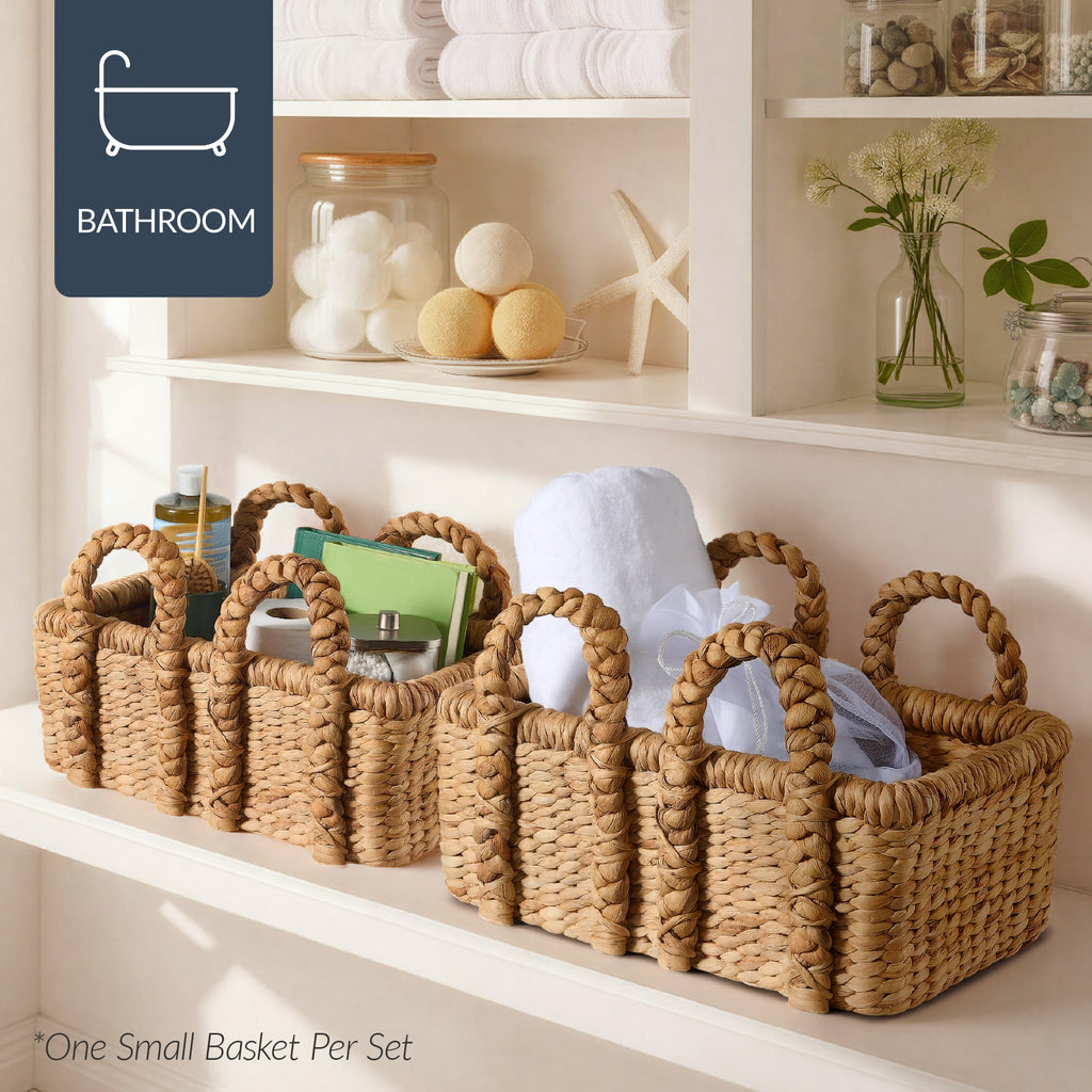 3Pc Shelf Baskets Small Large & XL Chunky Woven Baskets w/ Braided Handles