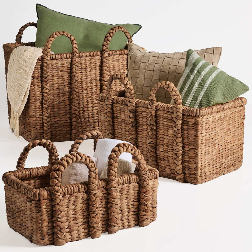3Pc Shelf Baskets Small Large & XL Chunky Woven Baskets w/ Braided Handles