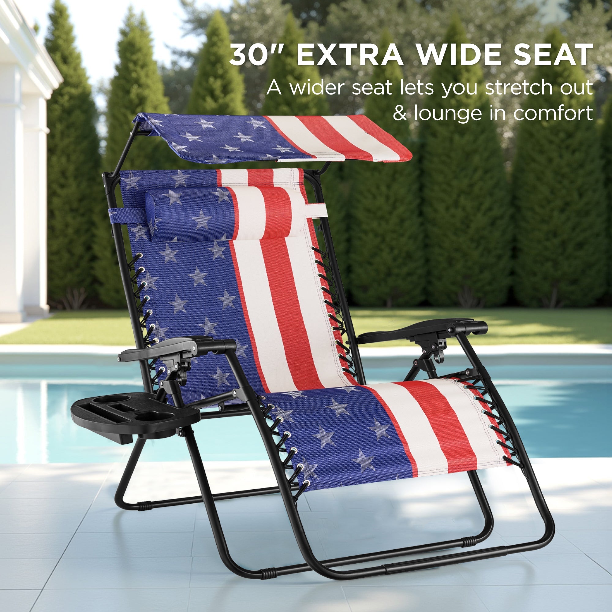 30\" Wide Folding Zero Gravity Patio Lounge Chair w/Adjustable Canopy Shade
