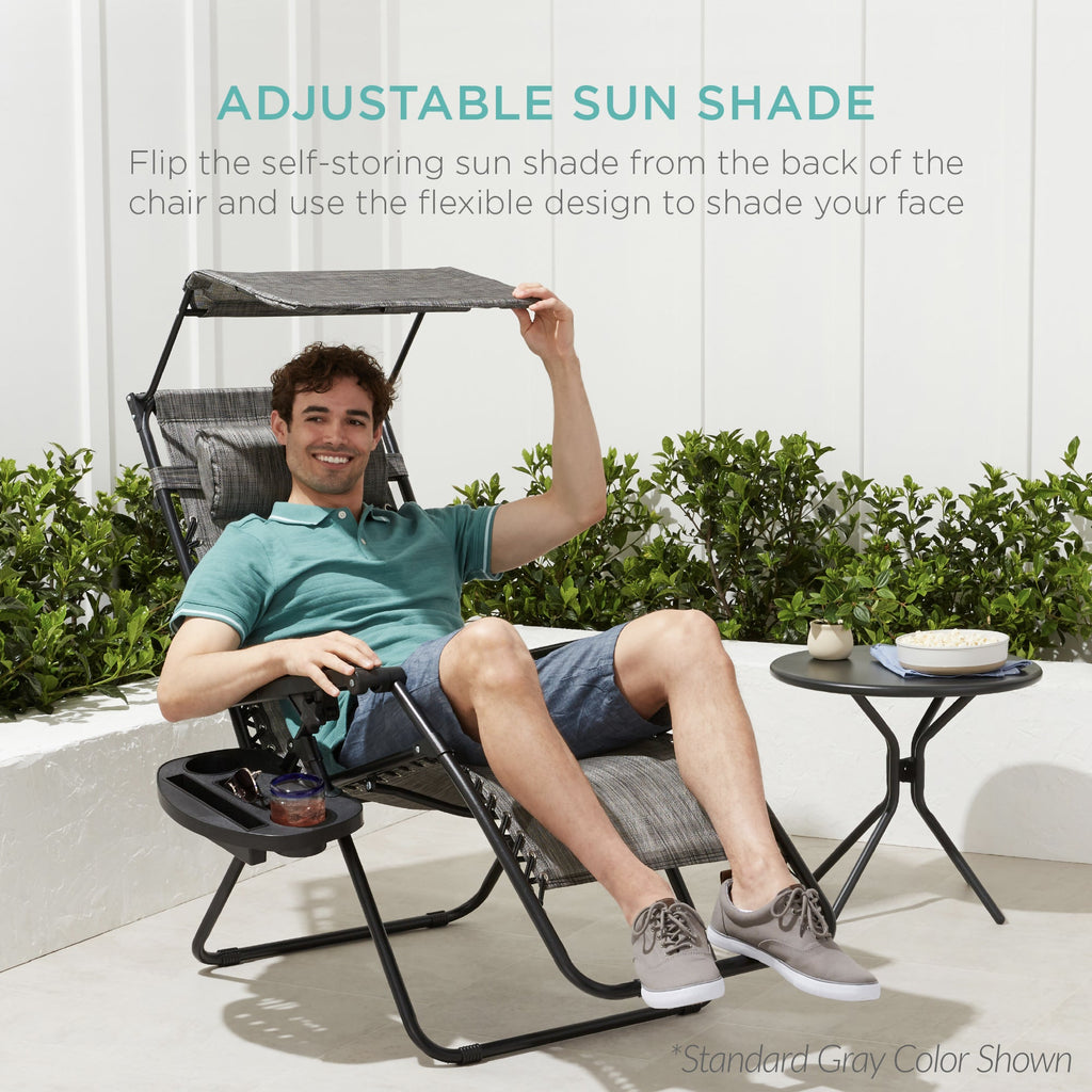 30\" Wide Folding Zero Gravity Patio Lounge Chair w/Adjustable Canopy Shade