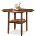 42\" Round Drop Leaf Dining Table For 4 Solid Wood Table W/ Storage Shelf