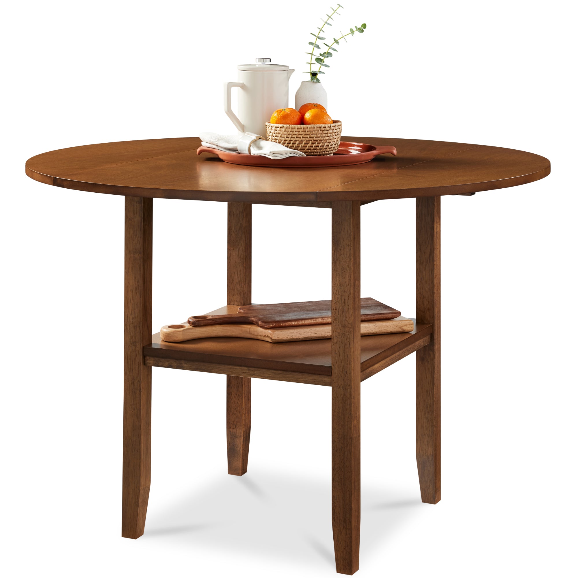 42\" Round Drop Leaf Dining Table For 4 Solid Wood Table W/ Storage Shelf