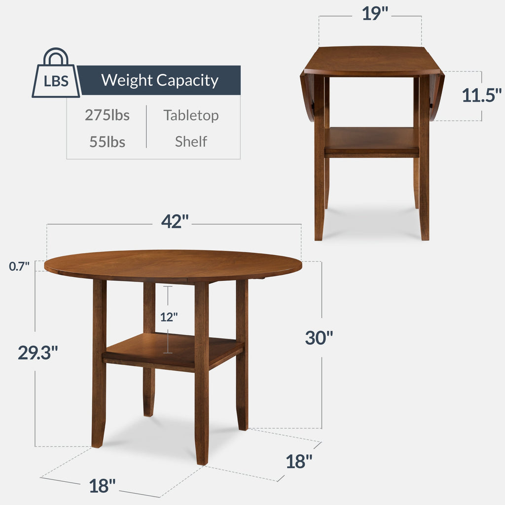 42\" Round Drop Leaf Dining Table For 4 Solid Wood Table W/ Storage Shelf