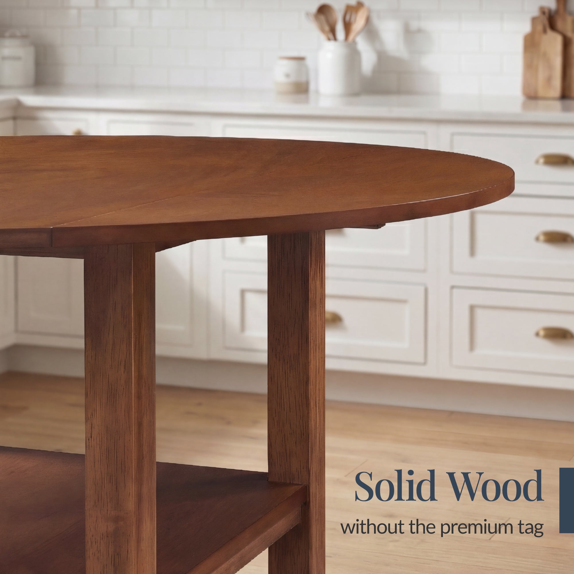 42\" Round Drop Leaf Dining Table For 4 Solid Wood Table W/ Storage Shelf
