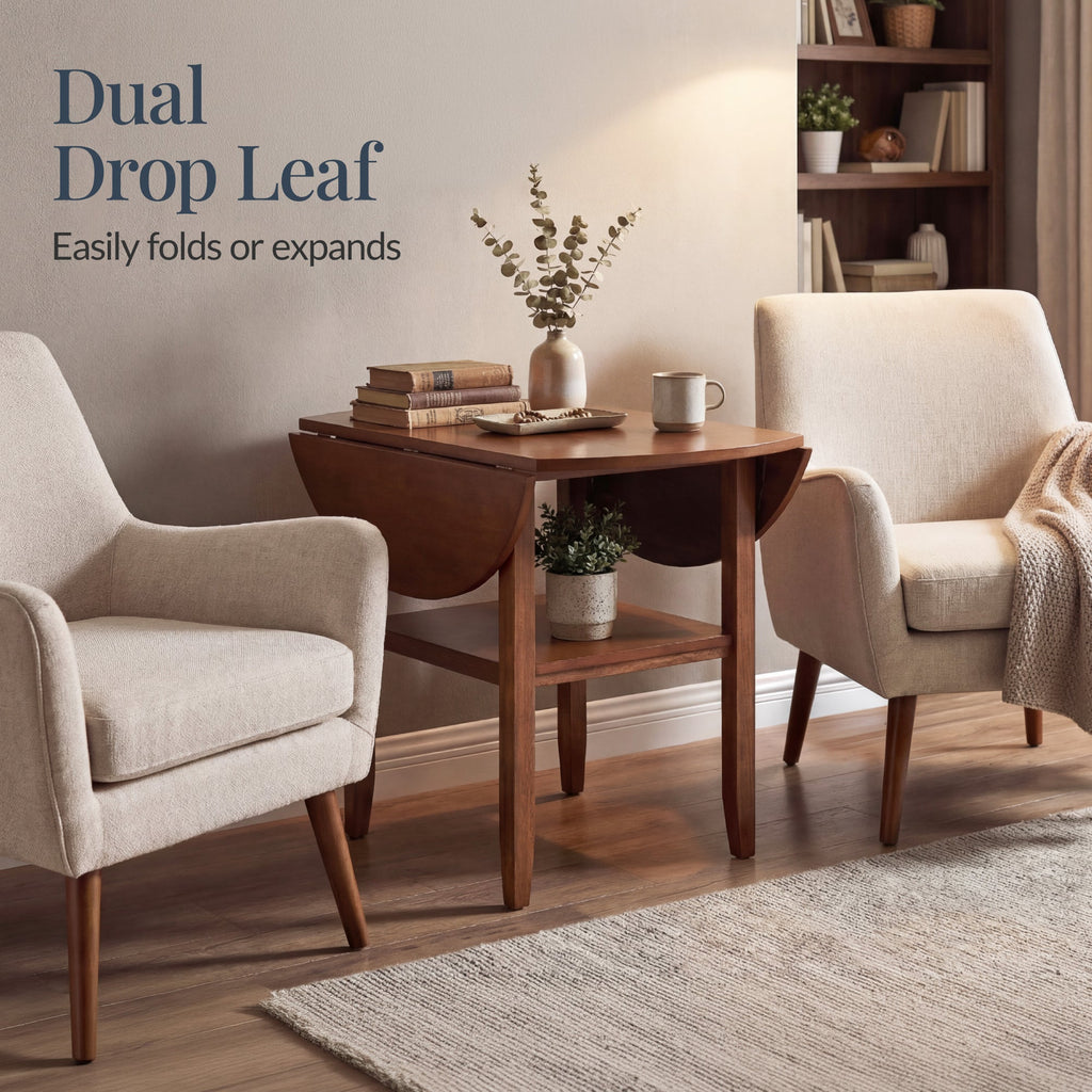 42\" Round Drop Leaf Dining Table For 4 Solid Wood Table W/ Storage Shelf