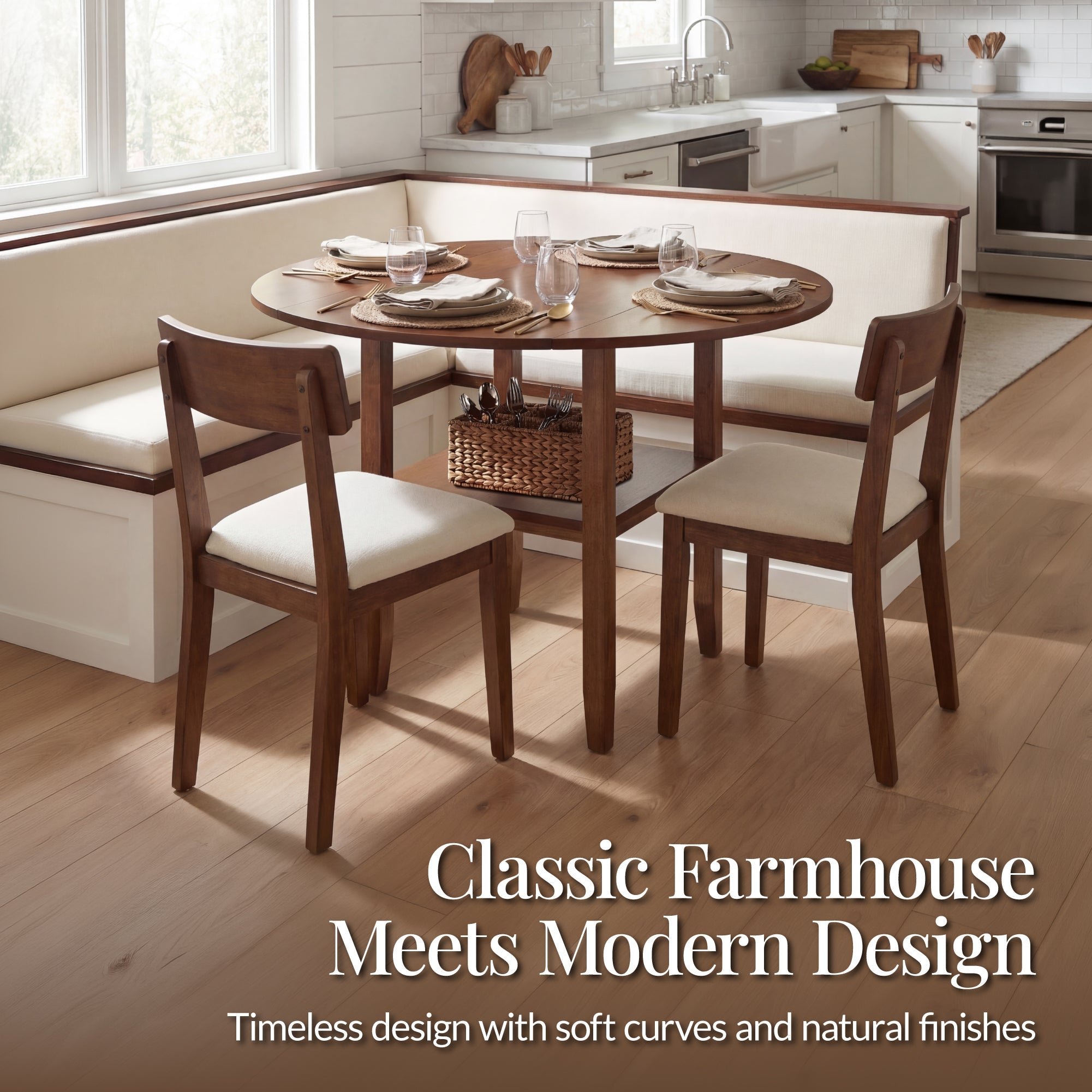 42\" Round Drop Leaf Dining Table For 4 Solid Wood Table W/ Storage Shelf