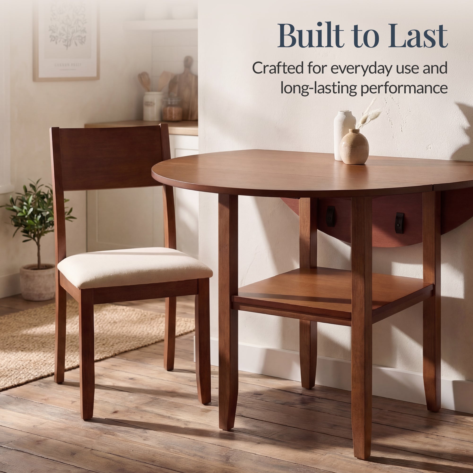 42\" Round Drop Leaf Dining Table For 4 Solid Wood Table W/ Storage Shelf
