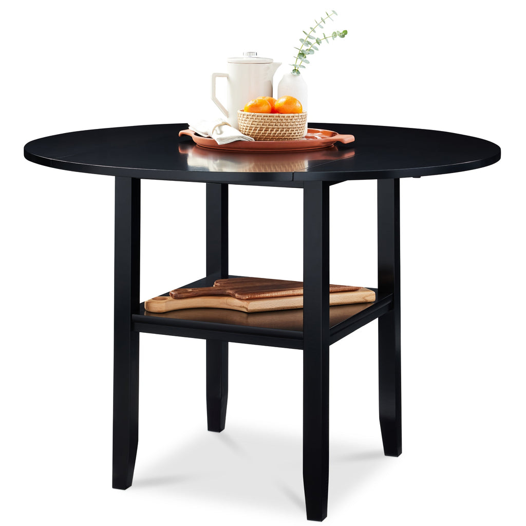 42\" Round Drop Leaf Dining Table For 4 Solid Wood Table W/ Storage Shelf