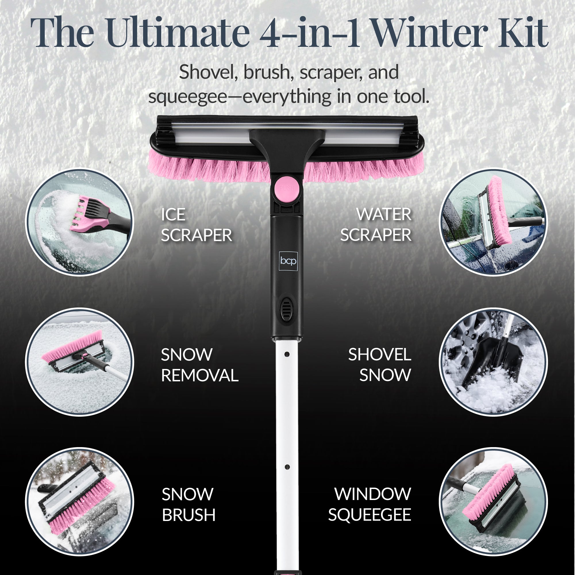 4 in 1 Snow Brush with Shovel Ice Scraper & Squeegee w/Storage Bag