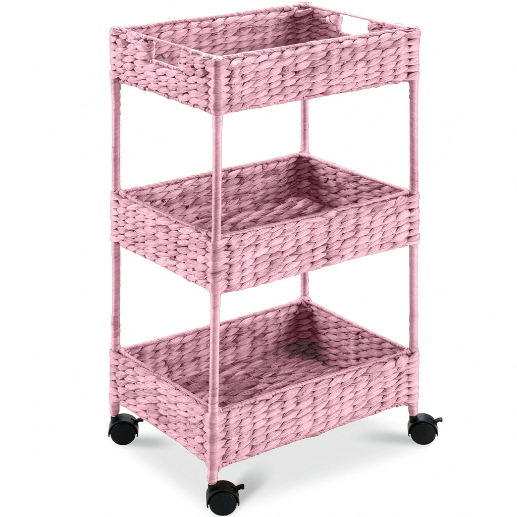 3-Tier Water Hyacinth Rolling Utility Cart w/ Weaved Baskets