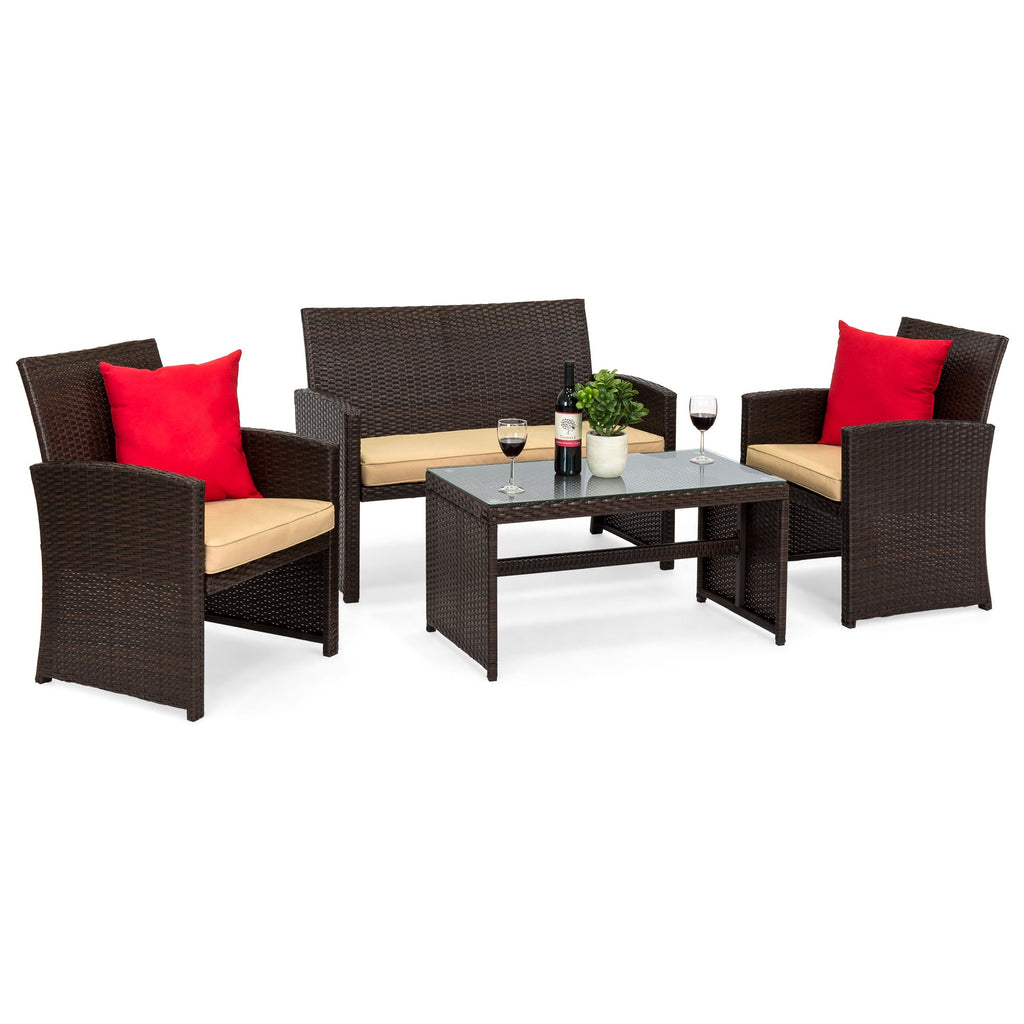 4-Piece Outdoor Wicker Conversation Patio Set w/ 4 Seats Glass Table Top