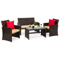 4-Piece Outdoor Wicker Conversation Patio Set w/ 4 Seats Glass Table Top
