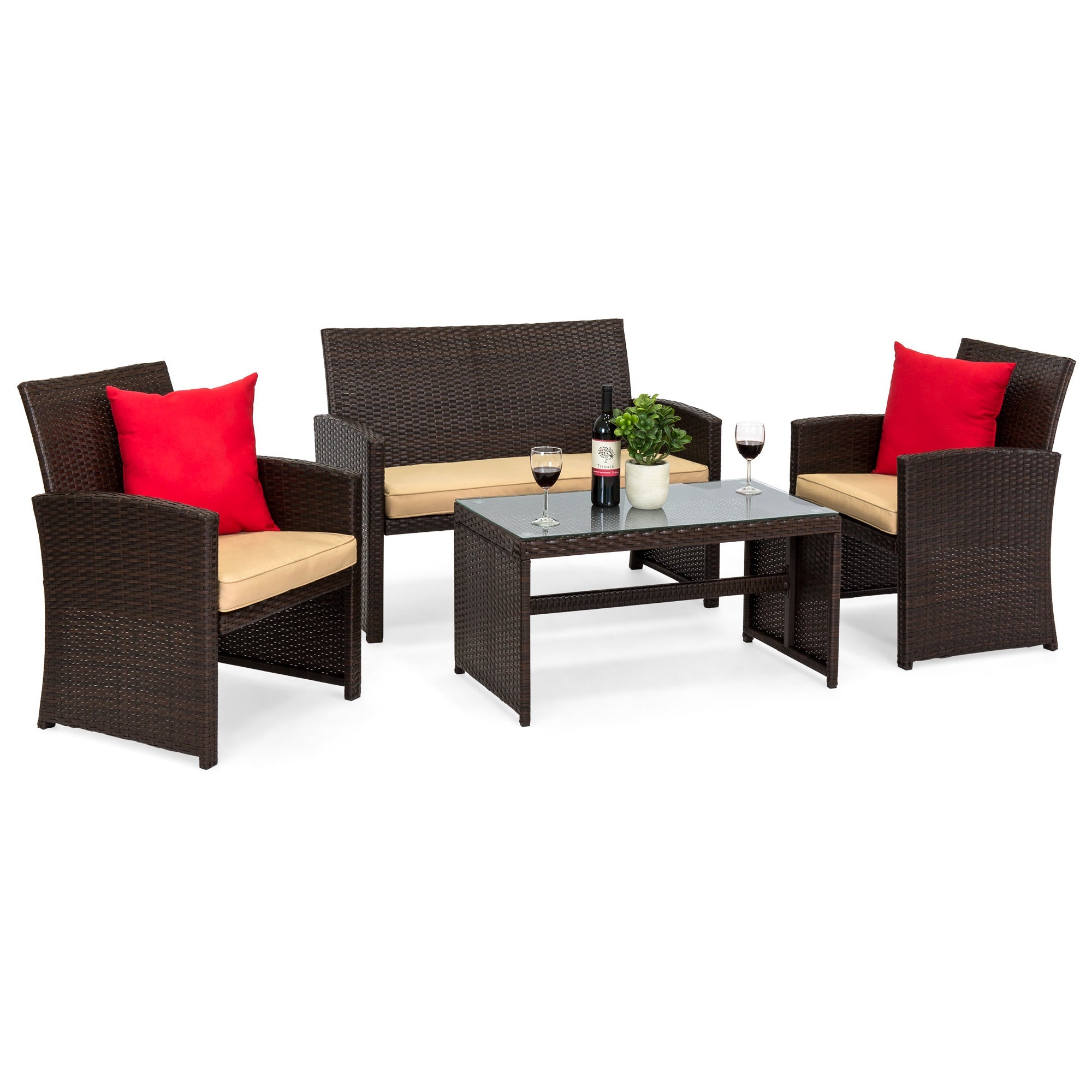 4-Piece Outdoor Wicker Conversation Patio Set w/ 4 Seats Glass Table Top