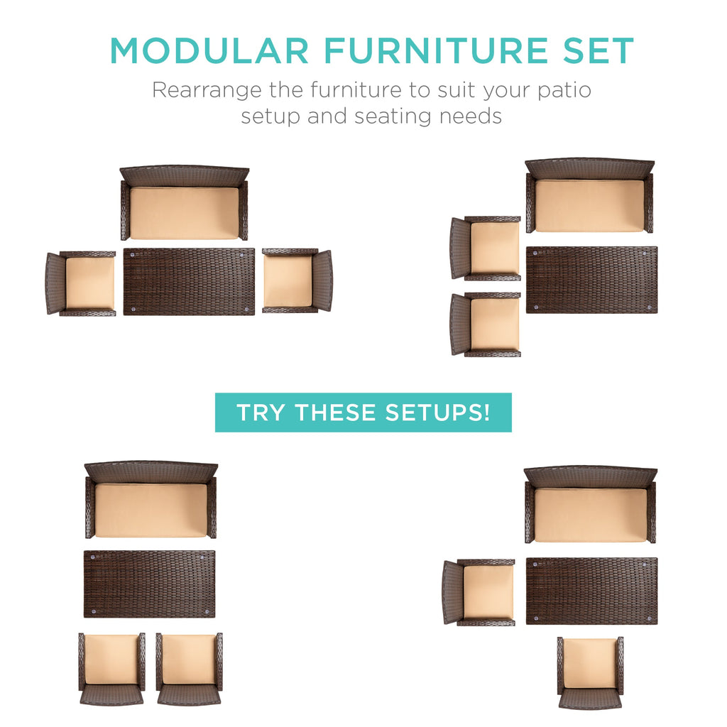 4-Piece Outdoor Wicker Conversation Patio Set w/ 4 Seats Glass Table Top
