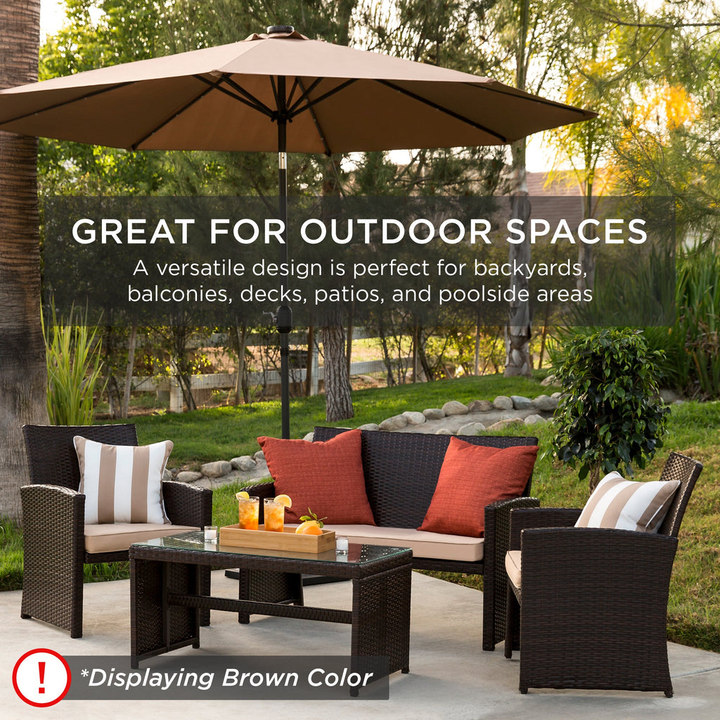 4-Piece Outdoor Wicker Conversation Patio Set w/ 4 Seats Glass Table Top