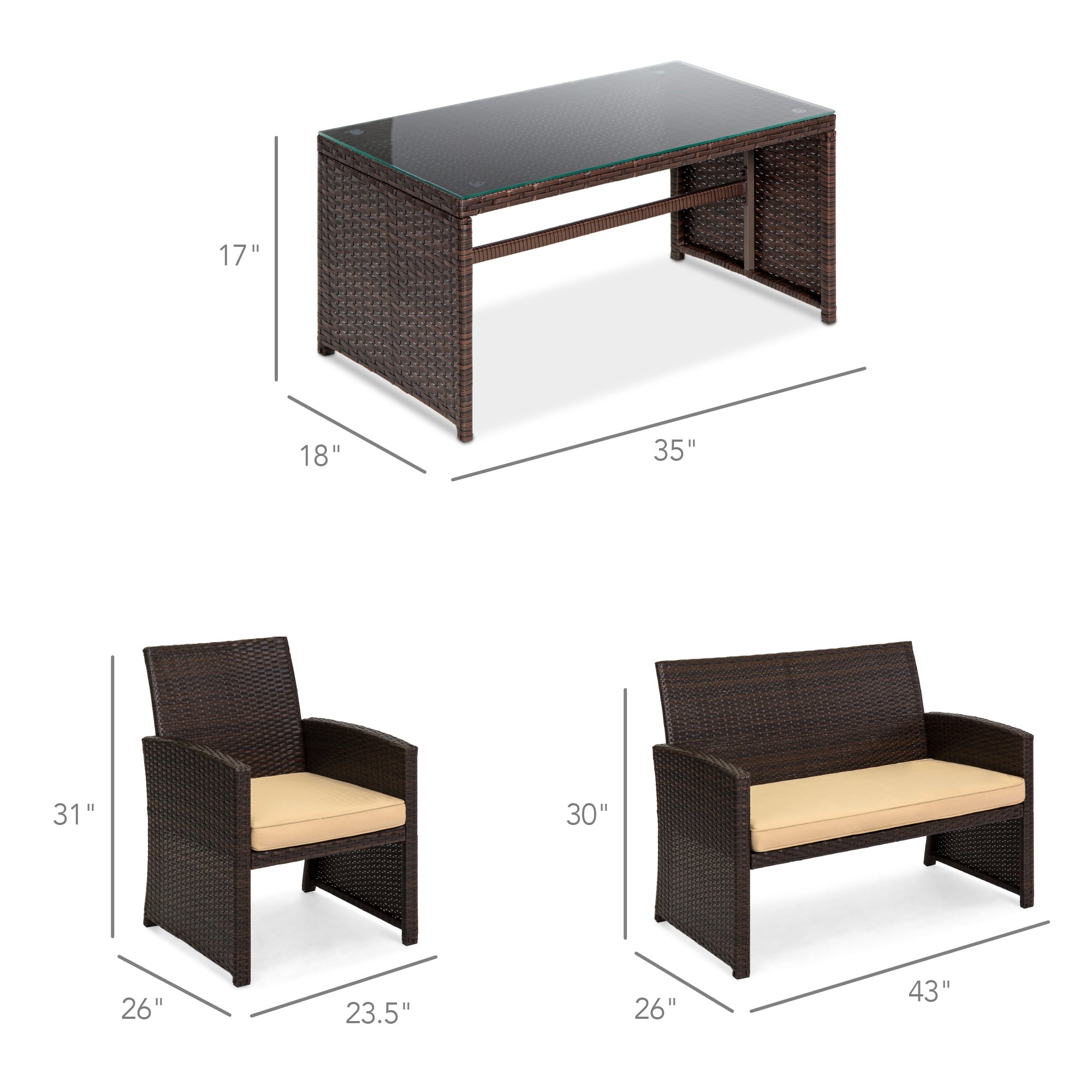 4-Piece Outdoor Wicker Conversation Patio Set w/ 4 Seats Glass Table Top