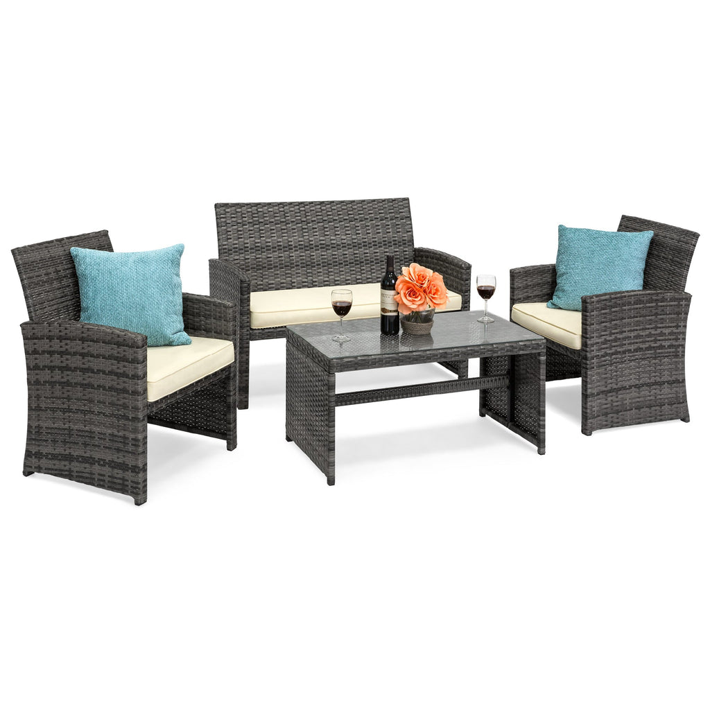 4-Piece Outdoor Wicker Conversation Patio Set w/ 4 Seats Glass Table Top
