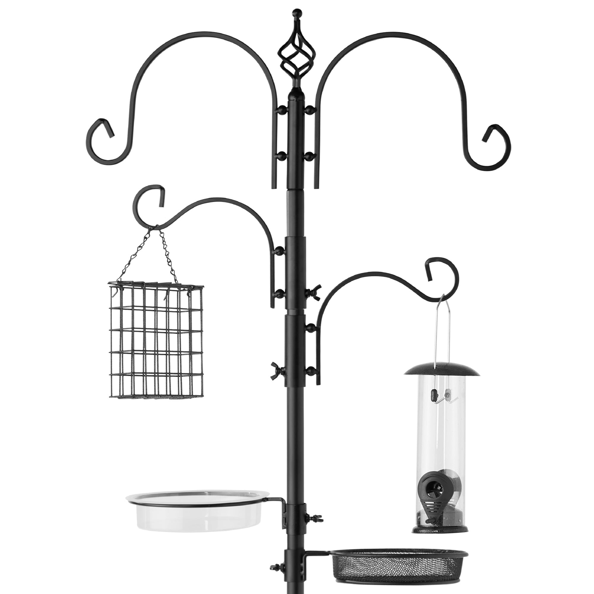 4-Hook Bird Feeding Station Steel Feeder Stand w/ 2 Bird Feeders - 91in