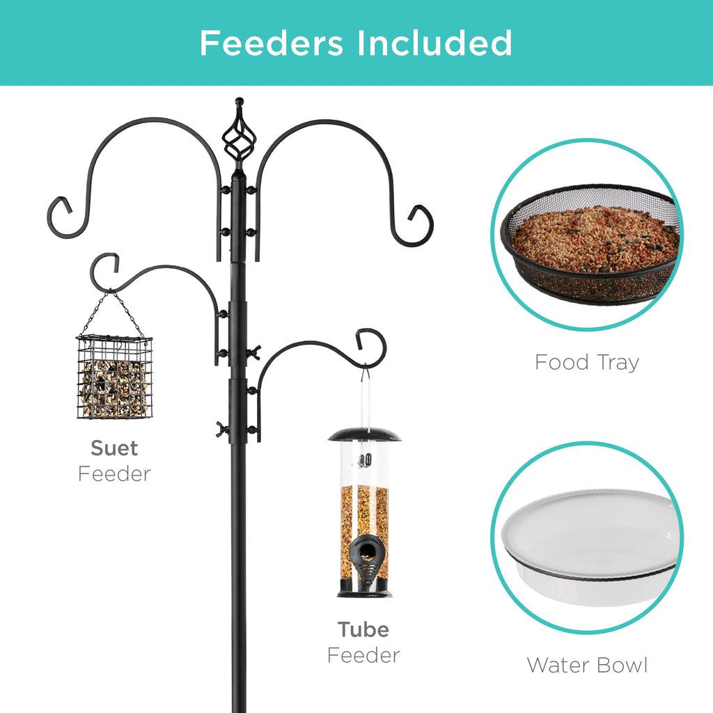 4-Hook Bird Feeding Station Steel Feeder Stand w/ 2 Bird Feeders - 91in