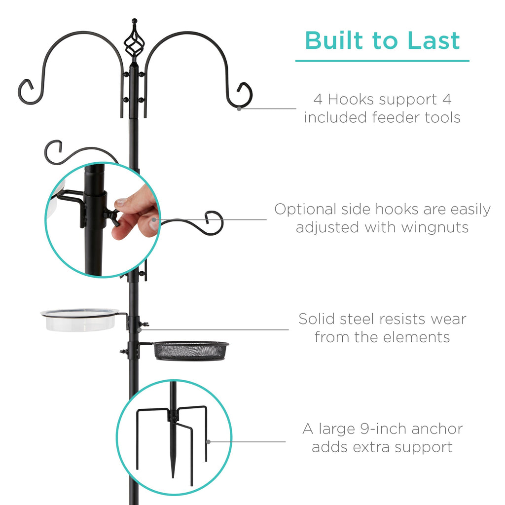 4-Hook Bird Feeding Station Steel Feeder Stand w/ 2 Bird Feeders - 91in