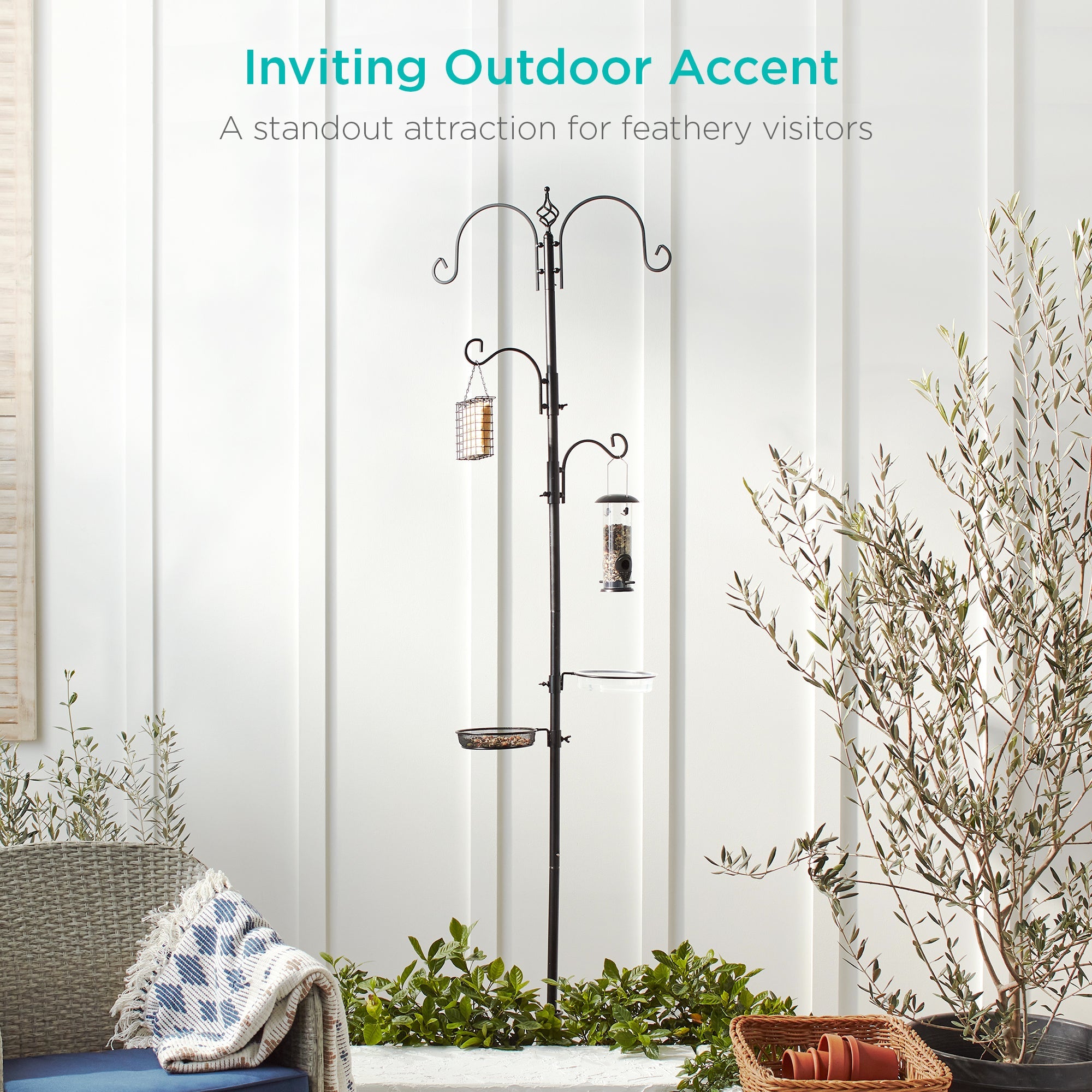 4-Hook Bird Feeding Station Steel Feeder Stand w/ 2 Bird Feeders - 91in