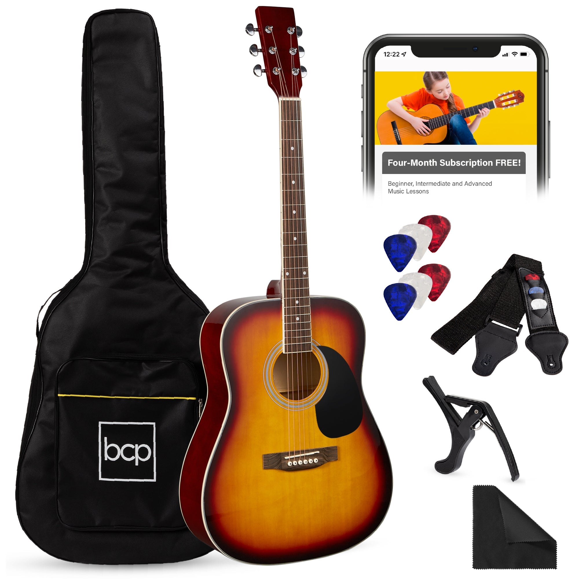 41in Acoustic Guitar Starter Kit w/ Digital Tuner Padded Case Picks Strap