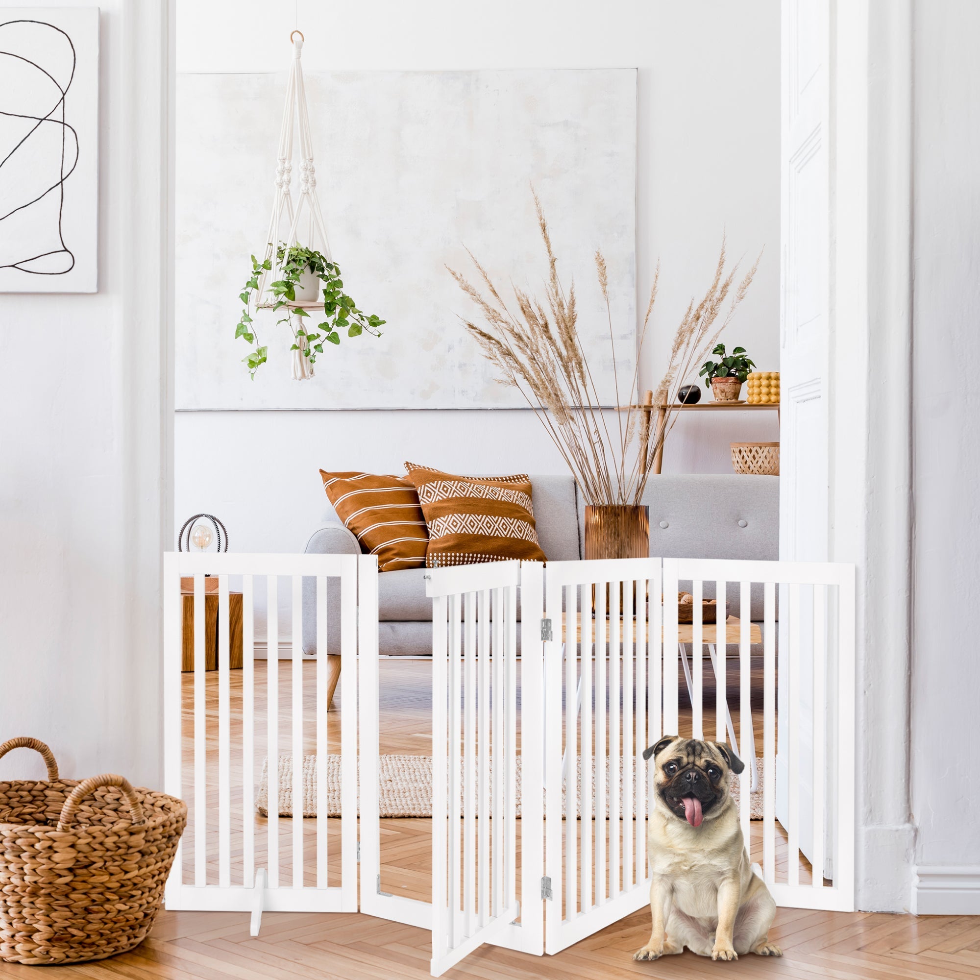 31.5in 4-Panel Freestanding Wooden Pet Gate w/ Door Support Feet