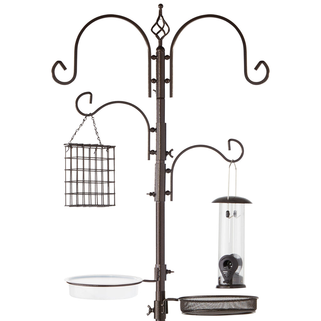 4-Hook Bird Feeding Station Steel Feeder Stand w/ 2 Bird Feeders - 91in