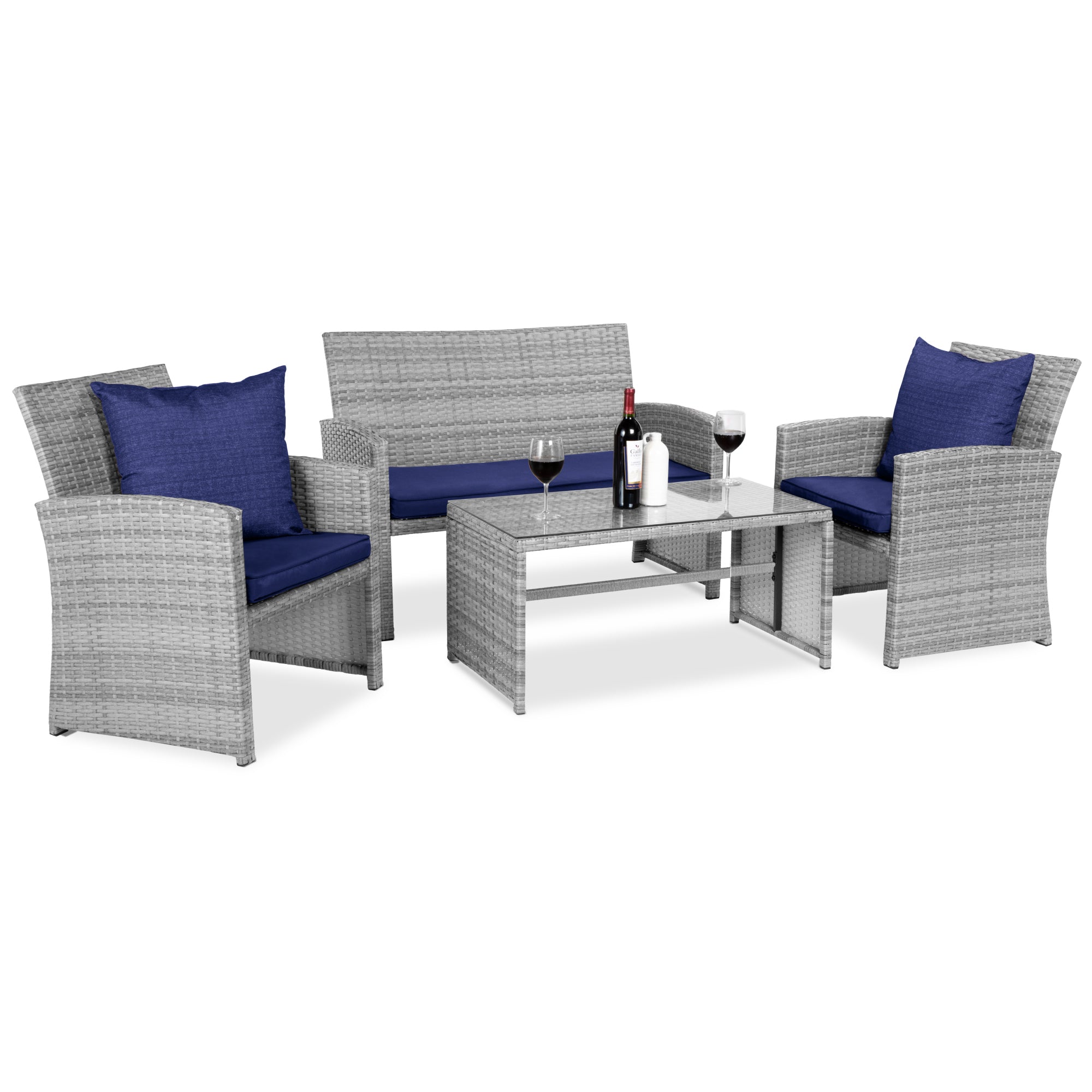 4-Piece Outdoor Wicker Conversation Patio Set w/ 4 Seats Glass Table Top