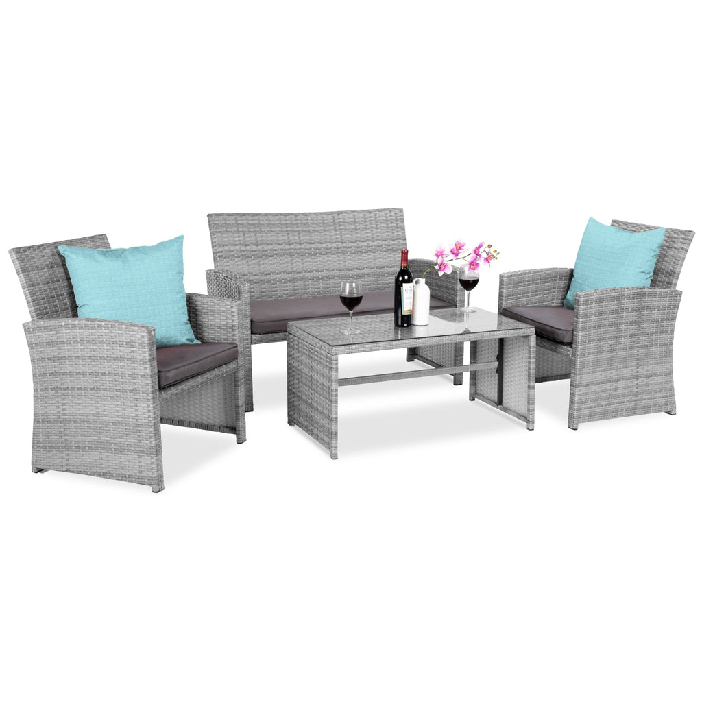 4-Piece Outdoor Wicker Conversation Patio Set w/ 4 Seats Glass Table Top