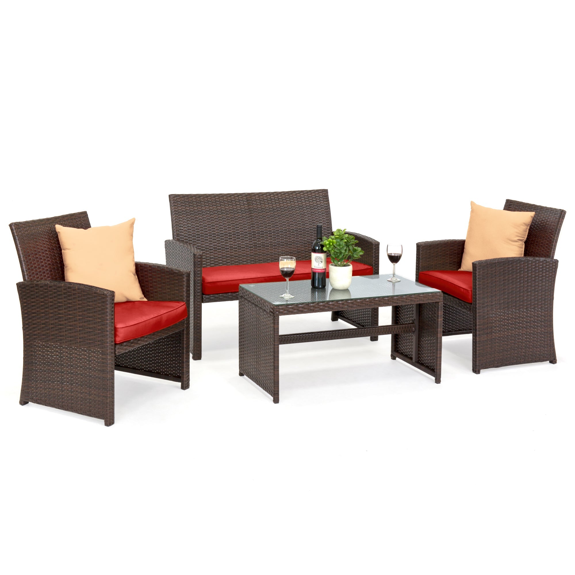 4-Piece Outdoor Wicker Conversation Patio Set w/ 4 Seats Glass Table Top