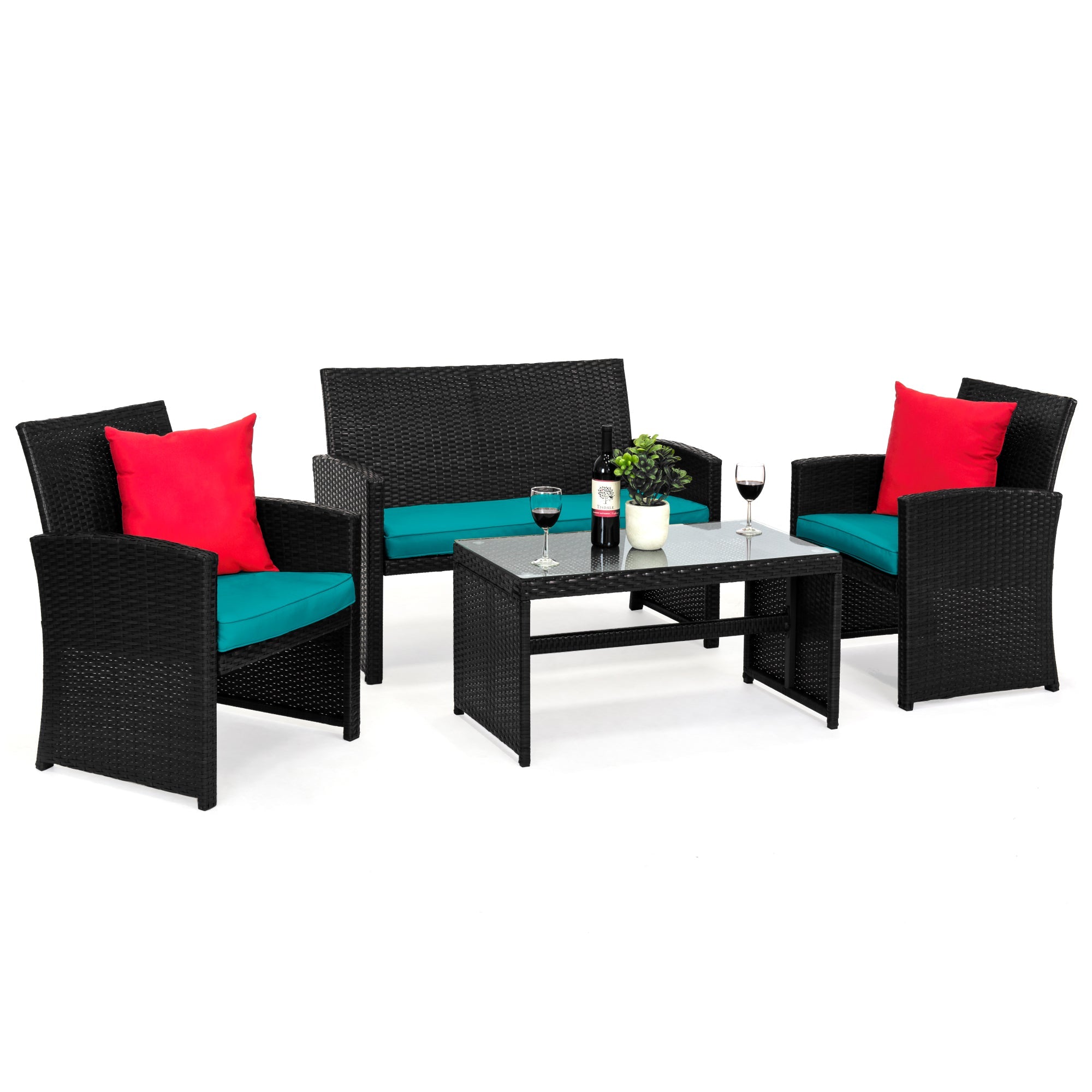 4-Piece Outdoor Wicker Conversation Patio Set w/ 4 Seats Glass Table Top