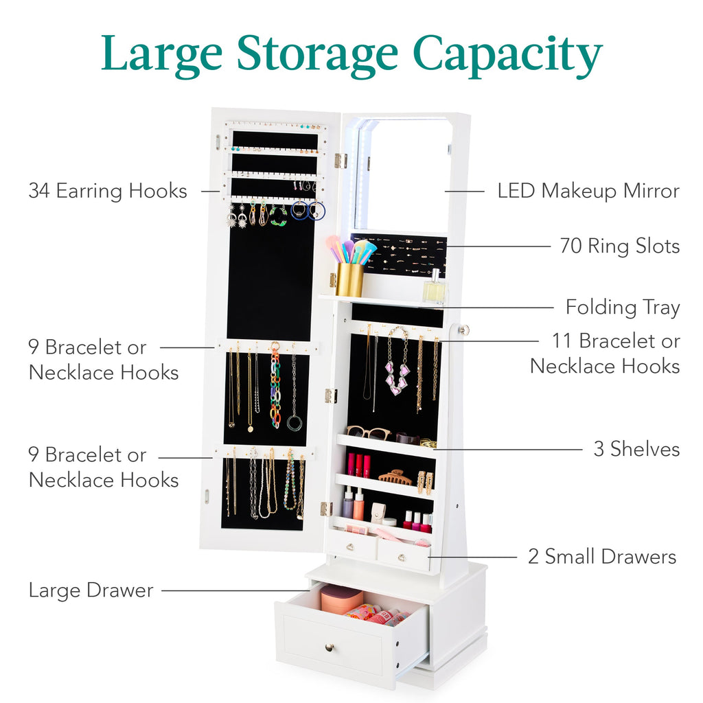 360 Swivel Mirrored Jewelry Cabinet Armoire w/ LED Lights Mirror