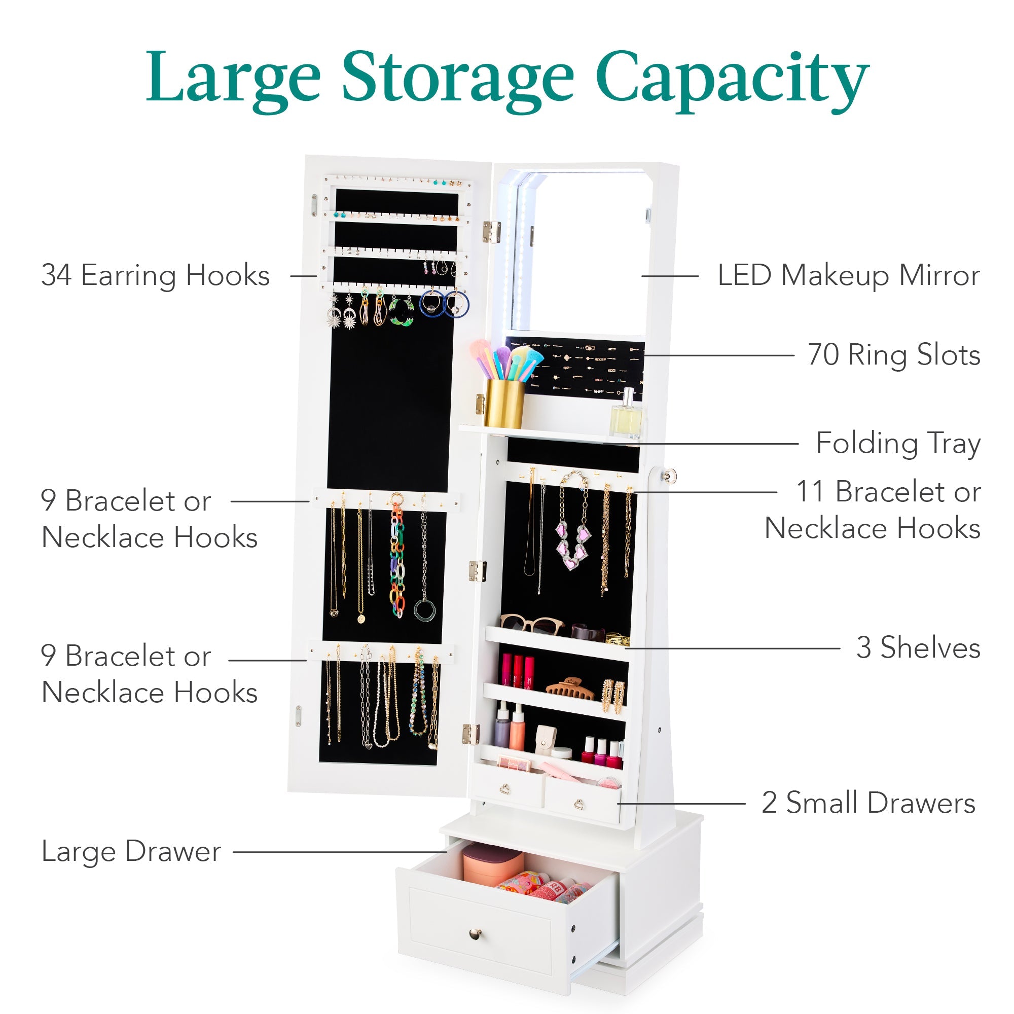 360 Swivel Mirrored Jewelry Cabinet Armoire w/ LED Lights Mirror