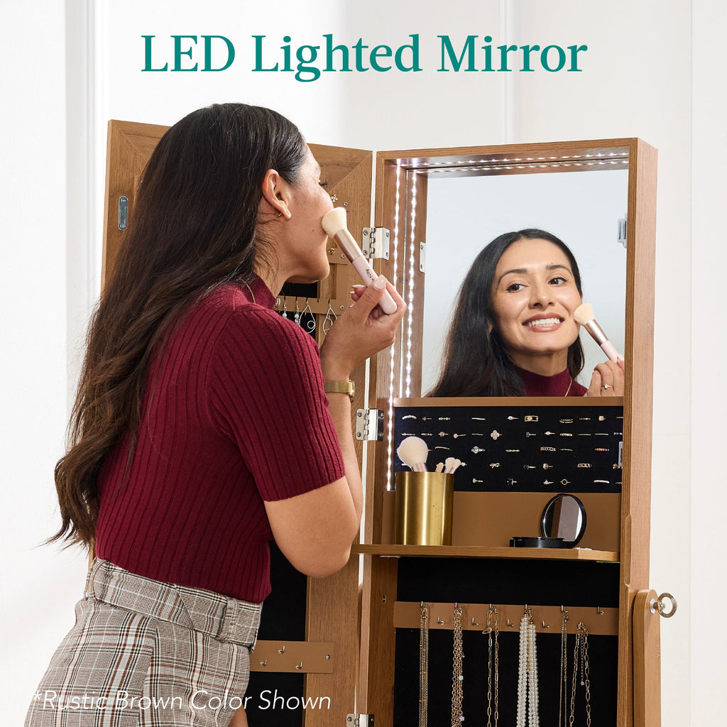 360 Swivel Mirrored Jewelry Cabinet Armoire w/ LED Lights Mirror