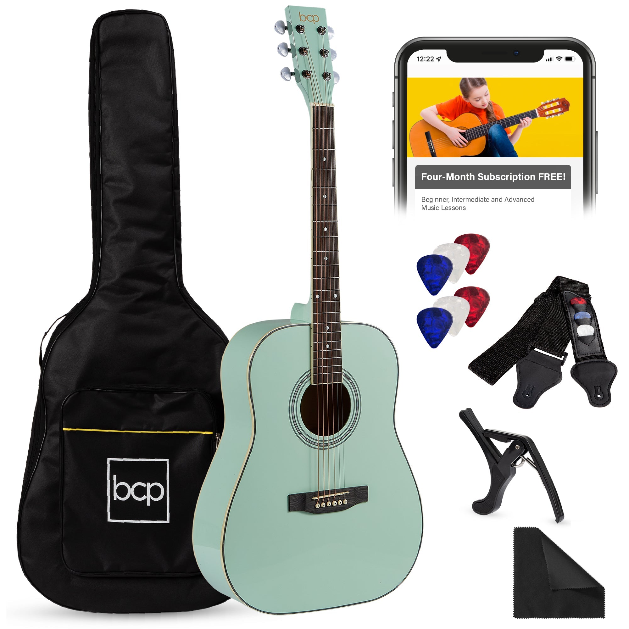 41in Acoustic Guitar Starter Kit w/ Digital Tuner Padded Case Picks Strap