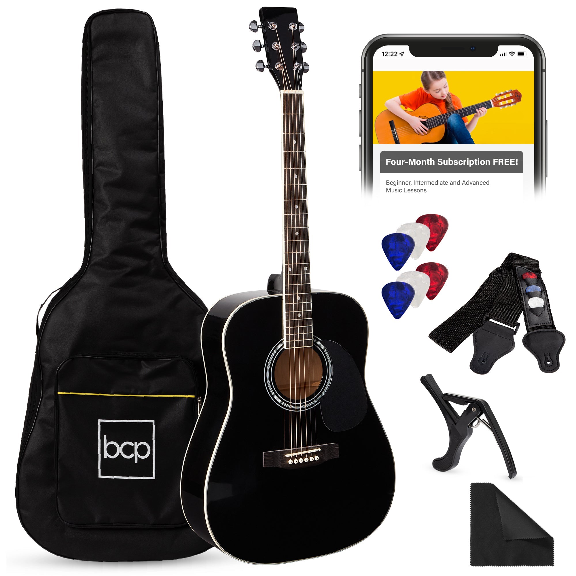 41in Acoustic Guitar Starter Kit w/ Digital Tuner Padded Case Picks Strap