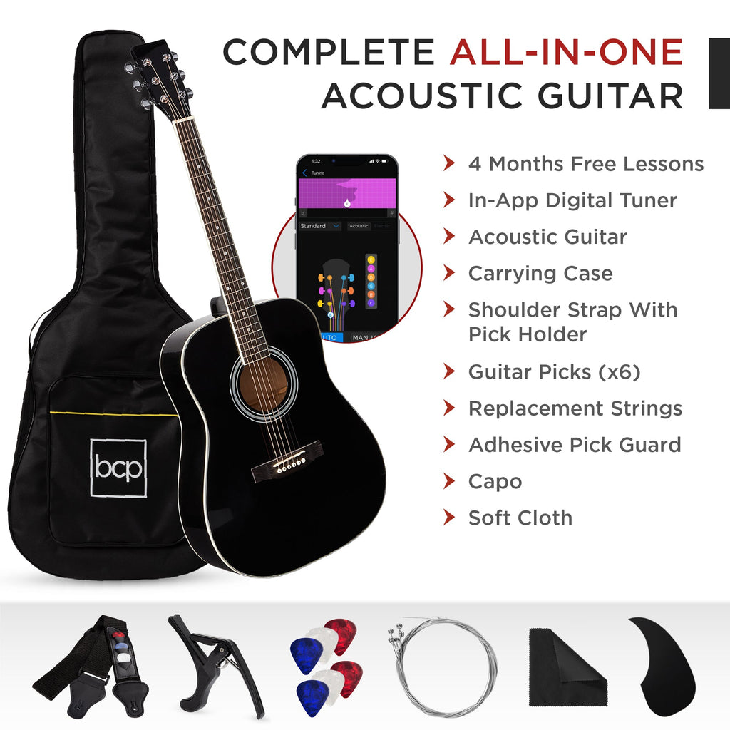 41in Acoustic Guitar Starter Kit w/ Digital Tuner Padded Case Picks Strap