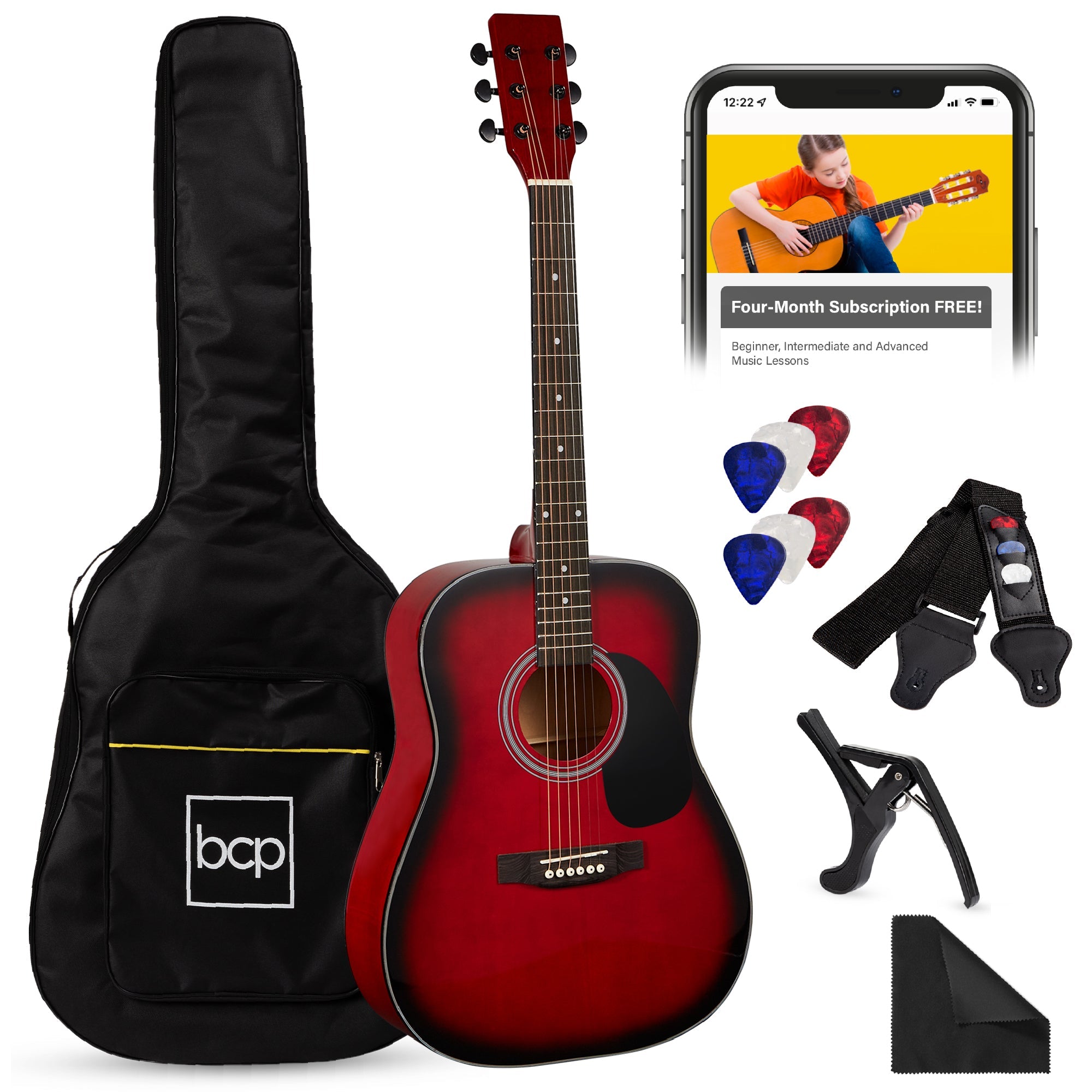 41in Acoustic Guitar Starter Kit w/ Digital Tuner Padded Case Picks Strap