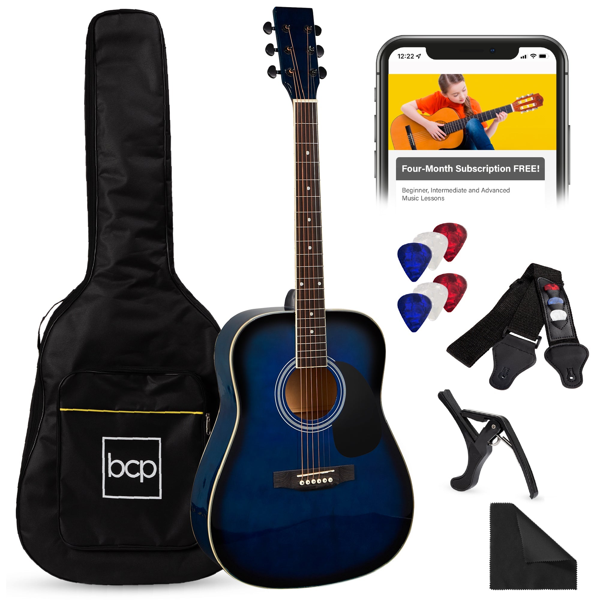 41in Acoustic Guitar Starter Kit w/ Digital Tuner Padded Case Picks Strap