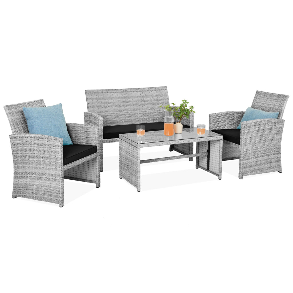 4-Piece Outdoor Wicker Conversation Patio Set w/ 4 Seats Glass Table Top