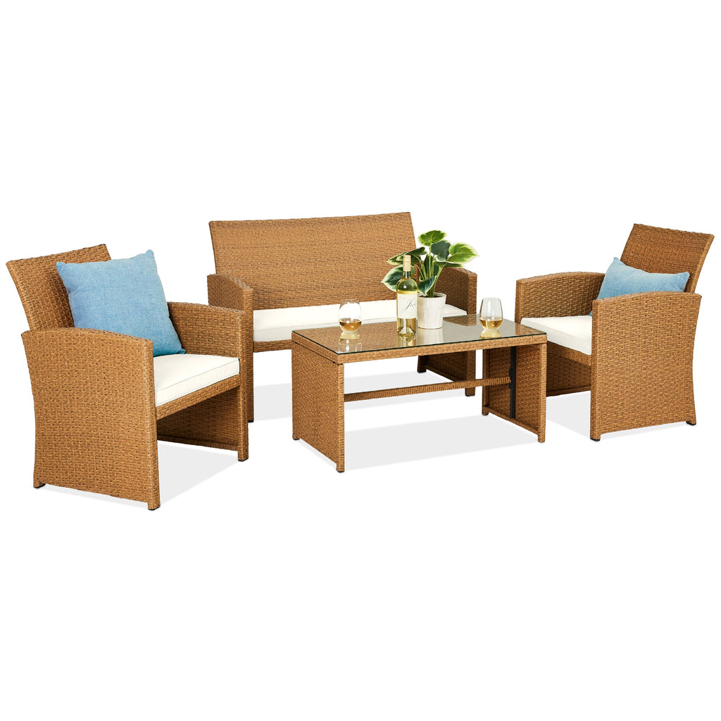 4-Piece Outdoor Wicker Conversation Patio Set w/ 4 Seats Glass Table Top