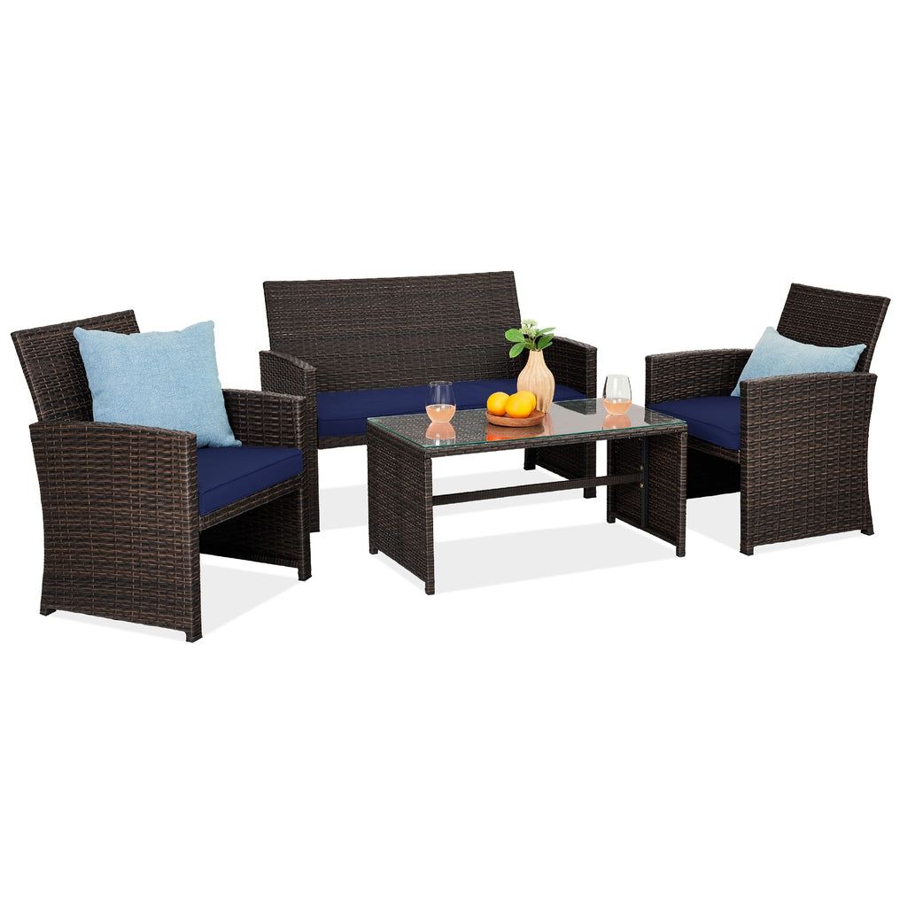 4-Piece Outdoor Wicker Conversation Patio Set w/ 4 Seats Glass Table Top