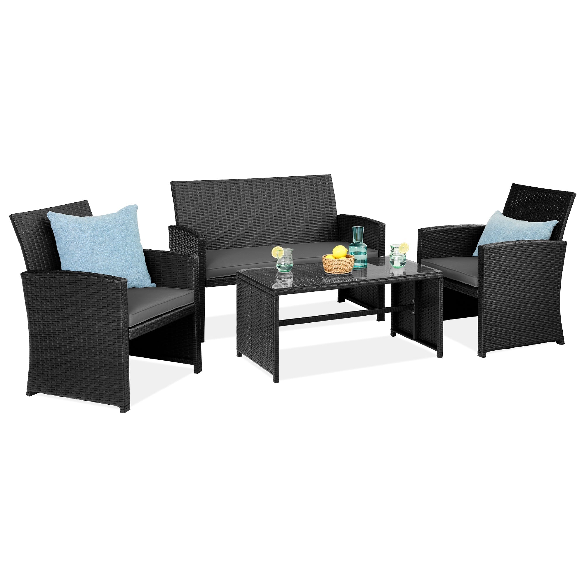 4-Piece Outdoor Wicker Conversation Patio Set w/ 4 Seats Glass Table Top