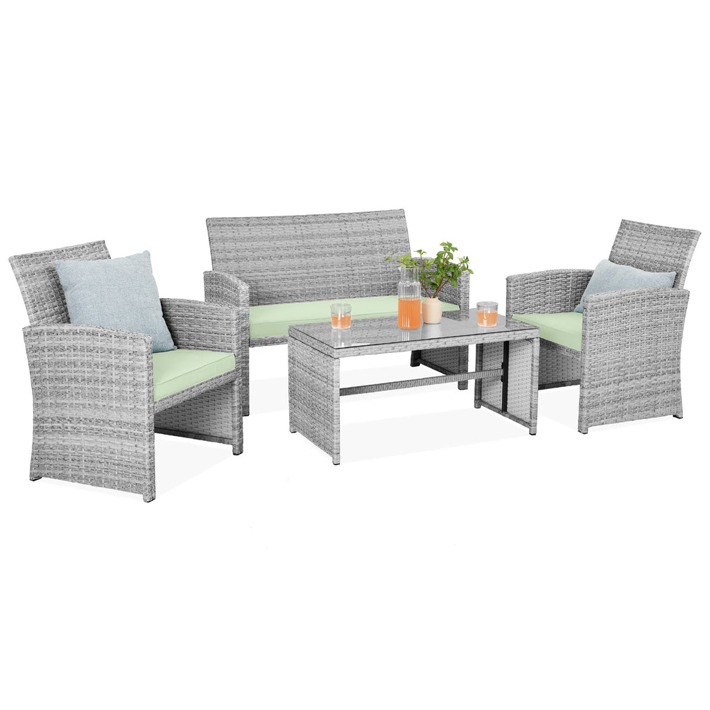 4-Piece Outdoor Wicker Conversation Patio Set w/ 4 Seats Glass Table Top