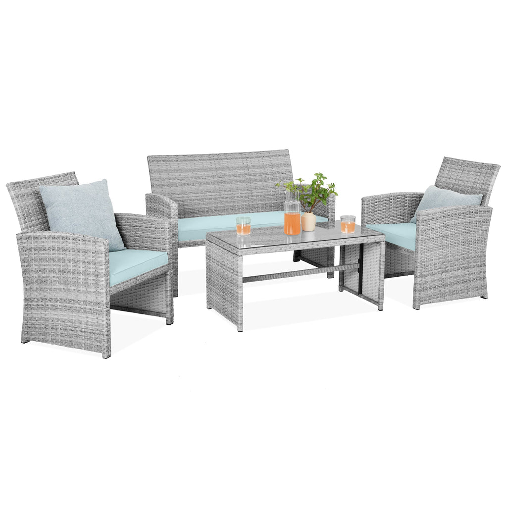 4-Piece Outdoor Wicker Conversation Patio Set w/ 4 Seats Glass Table Top