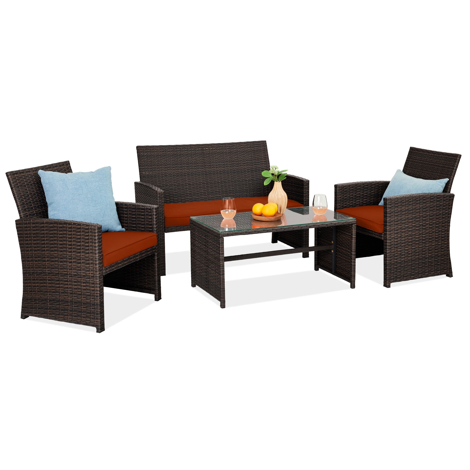 4-Piece Outdoor Wicker Conversation Patio Set w/ 4 Seats Glass Table Top